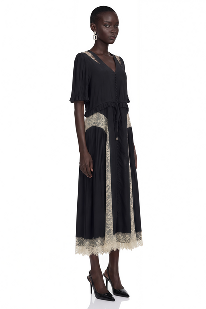 Annabeth Black V-Neck Midi Dress with Lace Panels