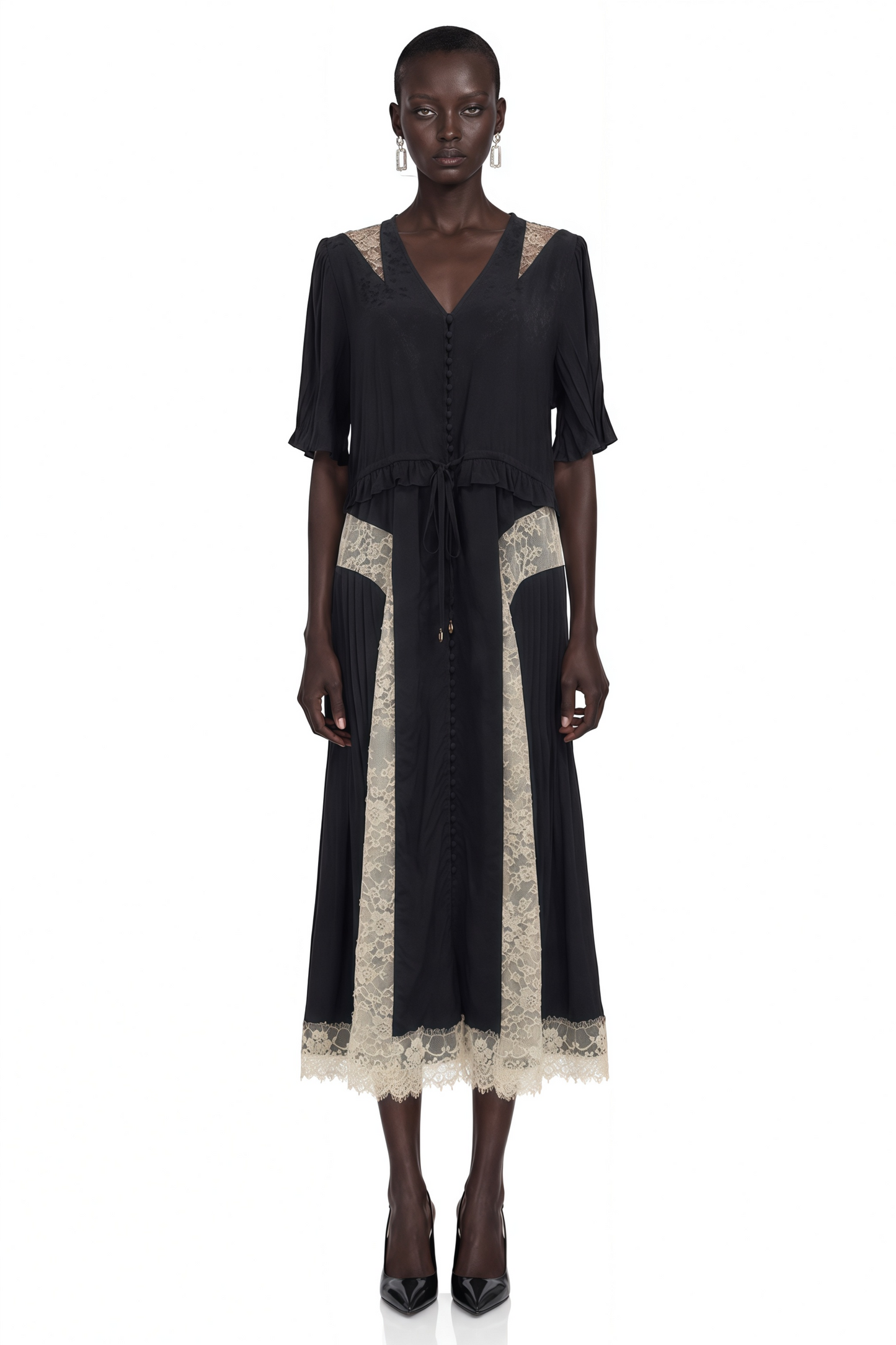 Annabeth Black V-Neck Midi Dress with Lace Panels