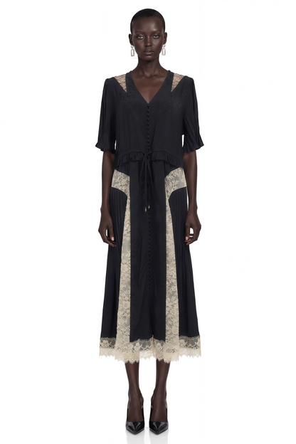 Annabeth Black V-Neck Midi Dress with Lace Panels