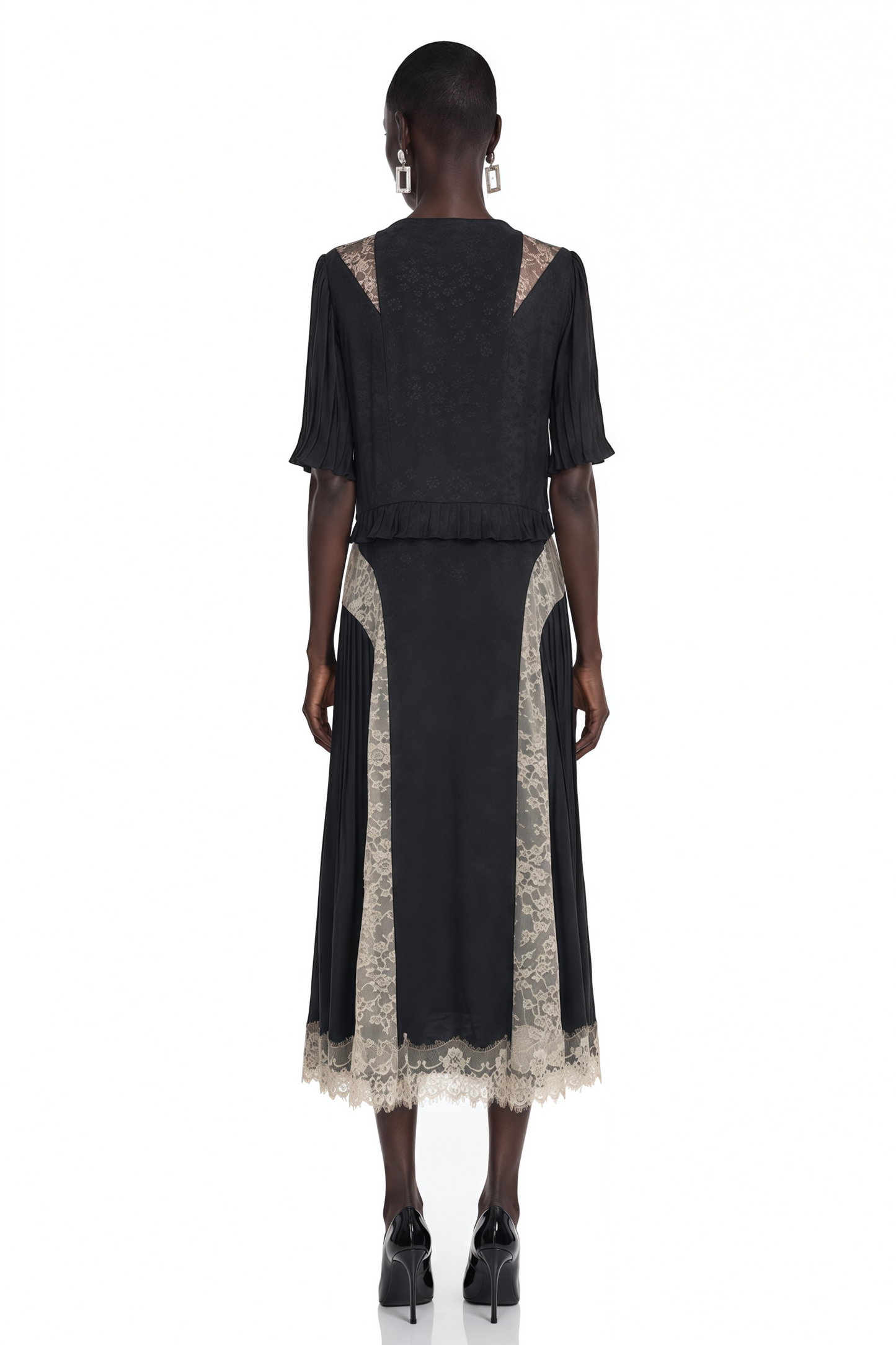 Annabeth Black V-Neck Midi Dress with Lace Panels