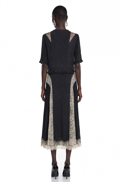 Annabeth Black V-Neck Midi Dress with Lace Panels
