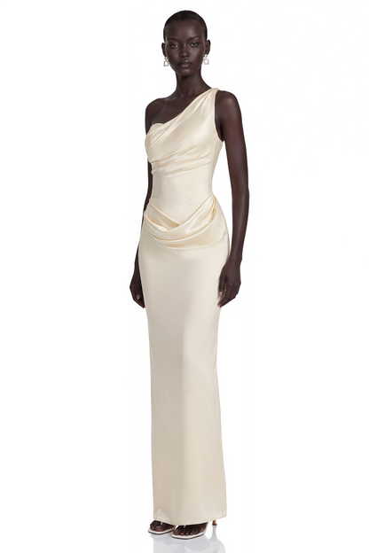 Annalise Champagne One Shoulder Ruched Maxi Dress