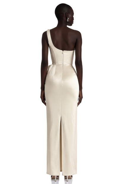 Annalise Champagne One Shoulder Ruched Maxi Dress