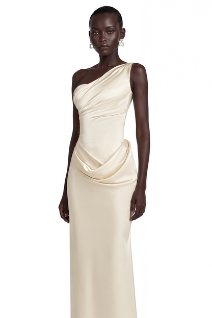 Annalise Champagne One Shoulder Ruched Maxi Dress