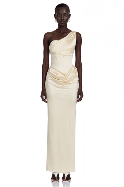 Annalise Champagne One Shoulder Ruched Maxi Dress