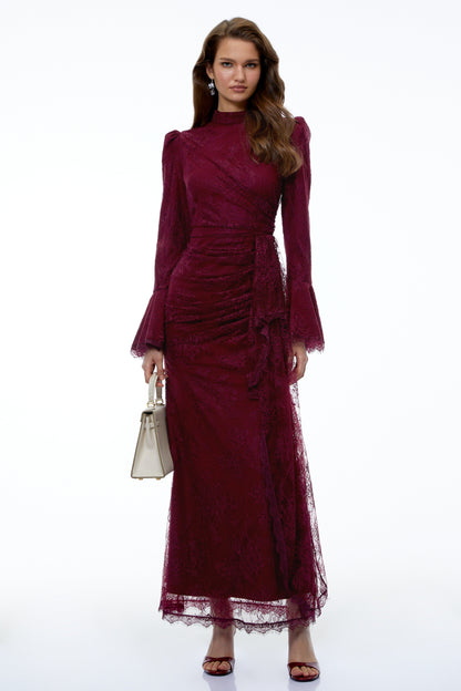 Anneke Red Lace Ruched Maxi Dress with Flared Sleeves