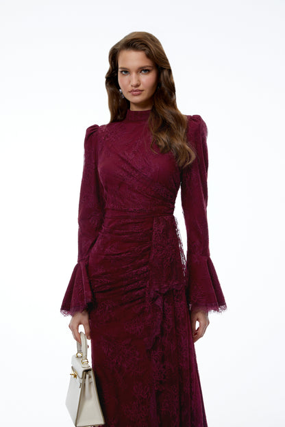 Anneke Red Lace Ruched Maxi Dress with Flared Sleeves