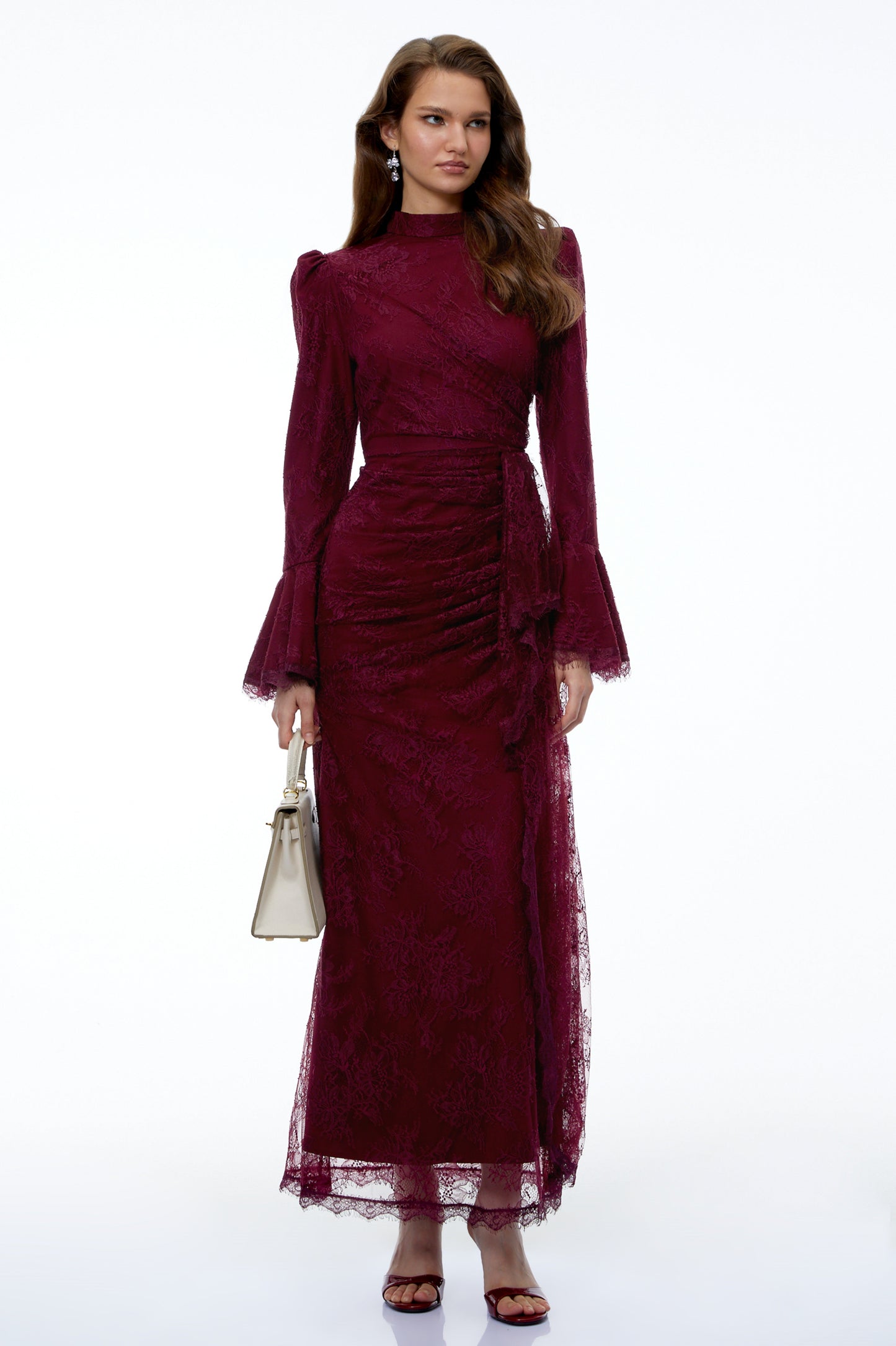 Anneke Red Lace Ruched Maxi Dress with Flared Sleeves