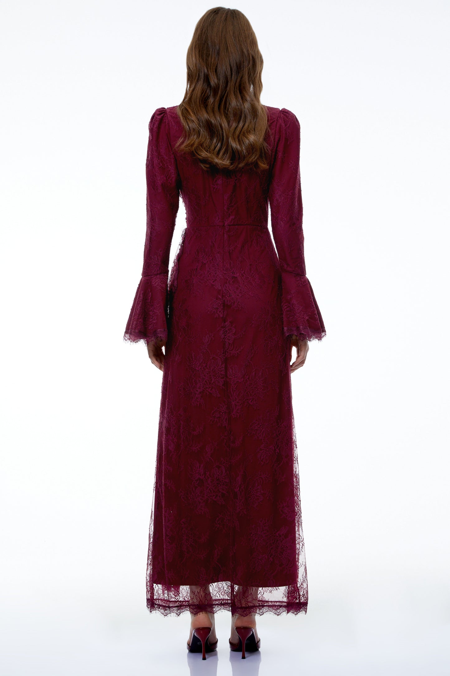 Anneke Red Lace Ruched Maxi Dress with Flared Sleeves