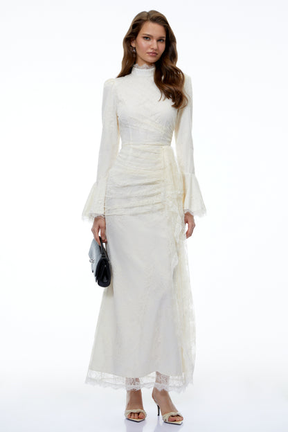 Anneke White Lace Ruched Maxi Dress with Flared Sleeves