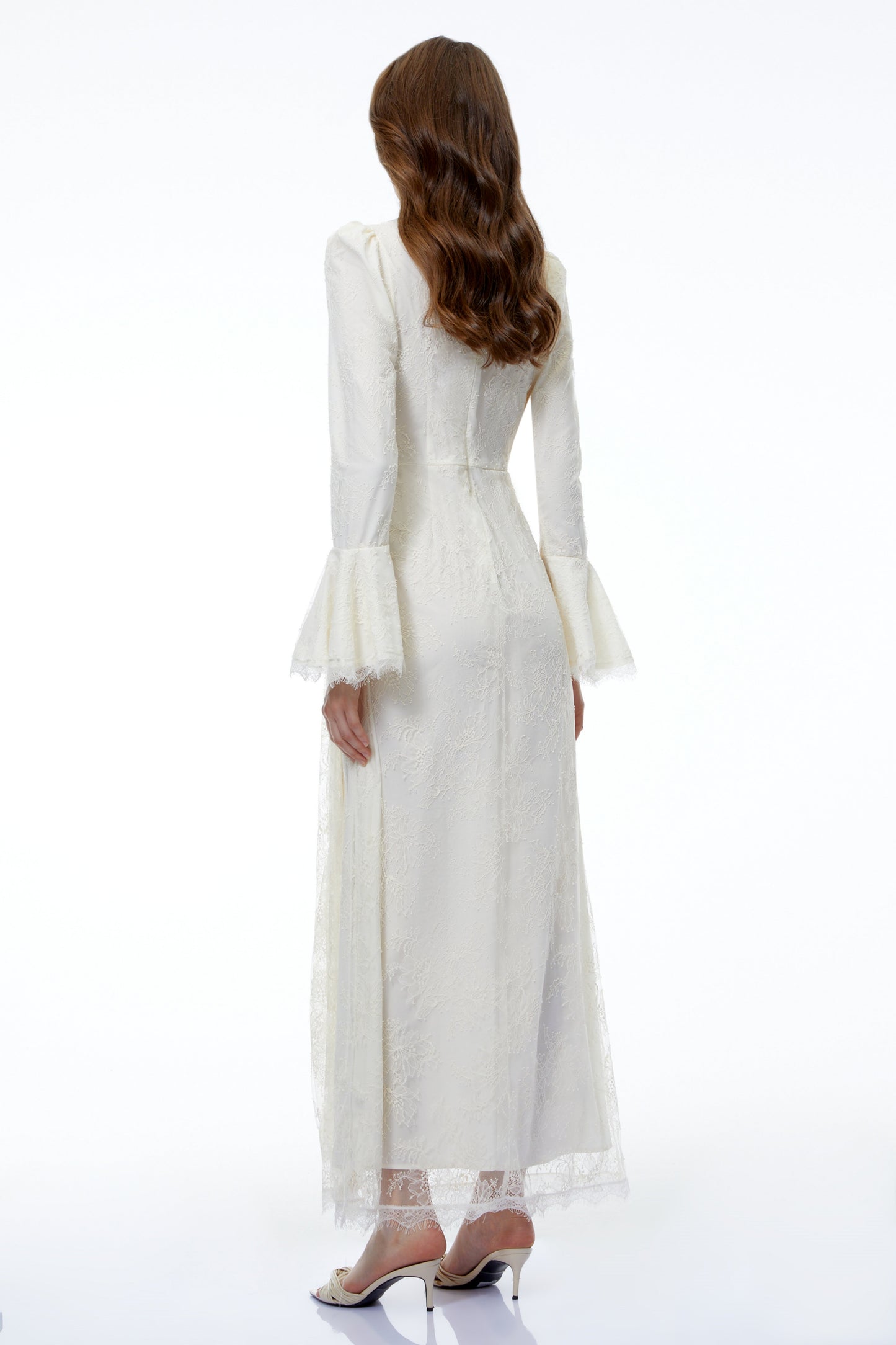 Anneke White Lace Ruched Maxi Dress with Flared Sleeves