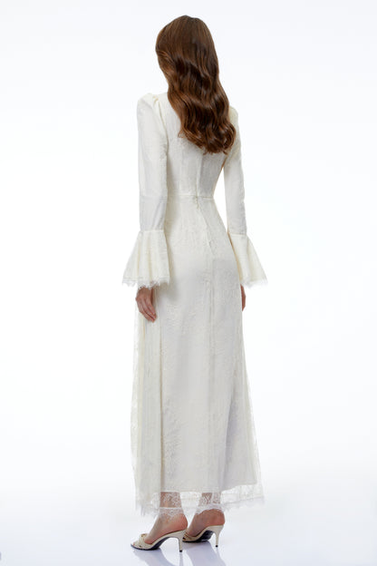 Anneke White Lace Ruched Maxi Dress with Flared Sleeves