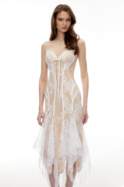 Annelise White Floral Lace Asymmetrical Midi Dress