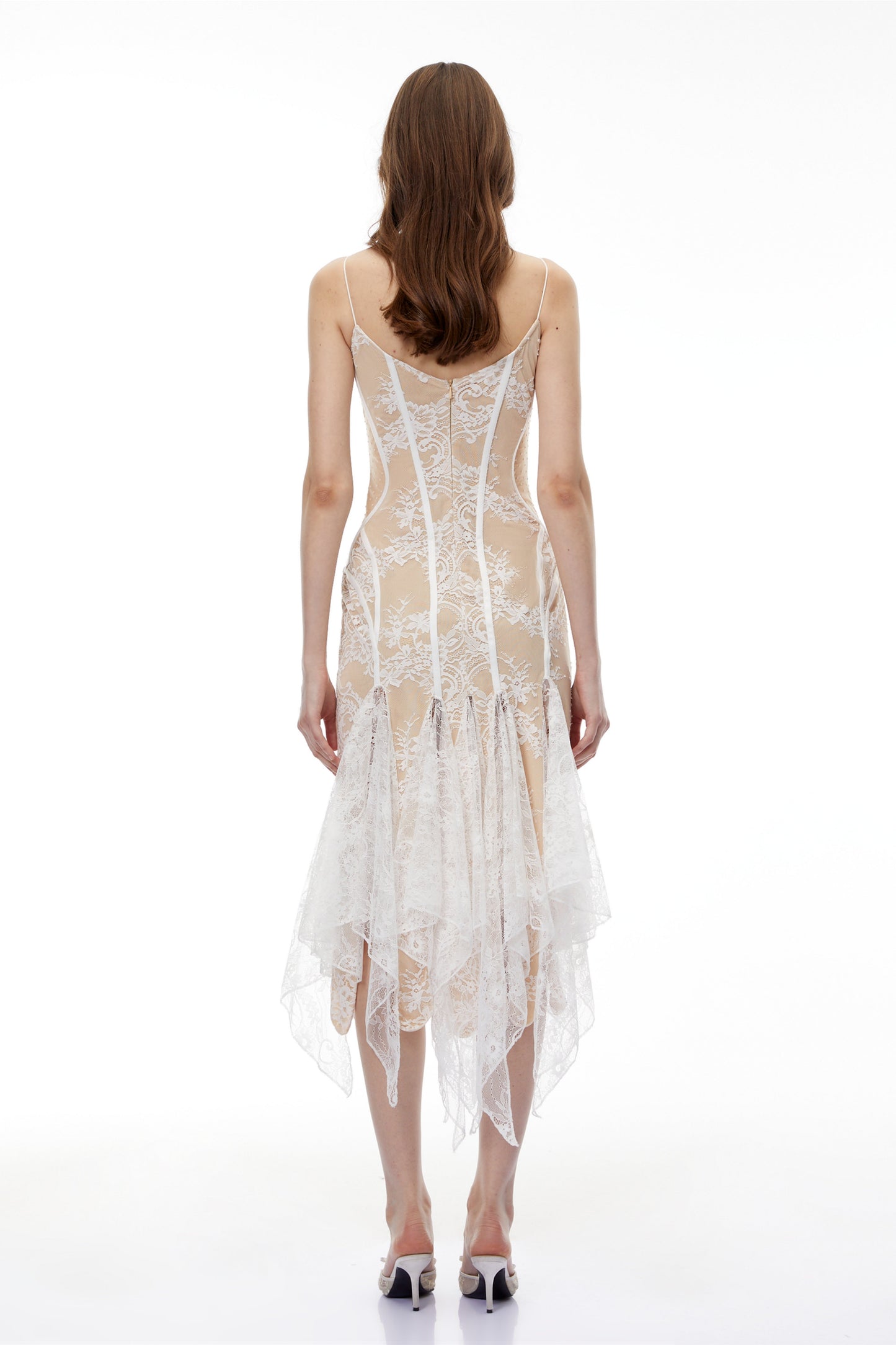 Annelise White Floral Lace Asymmetrical Midi Dress