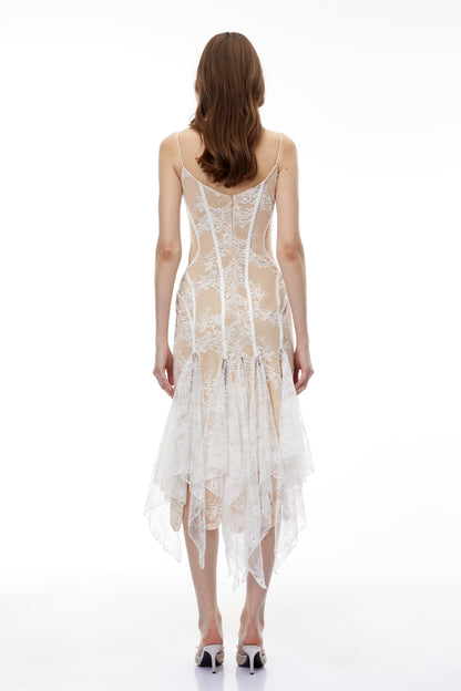 Annelise White Floral Lace Asymmetrical Midi Dress