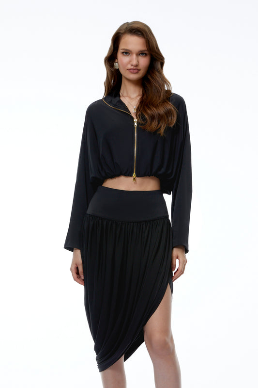 Annette Black Jacket & Asymmetrical Pleated Skirt Set