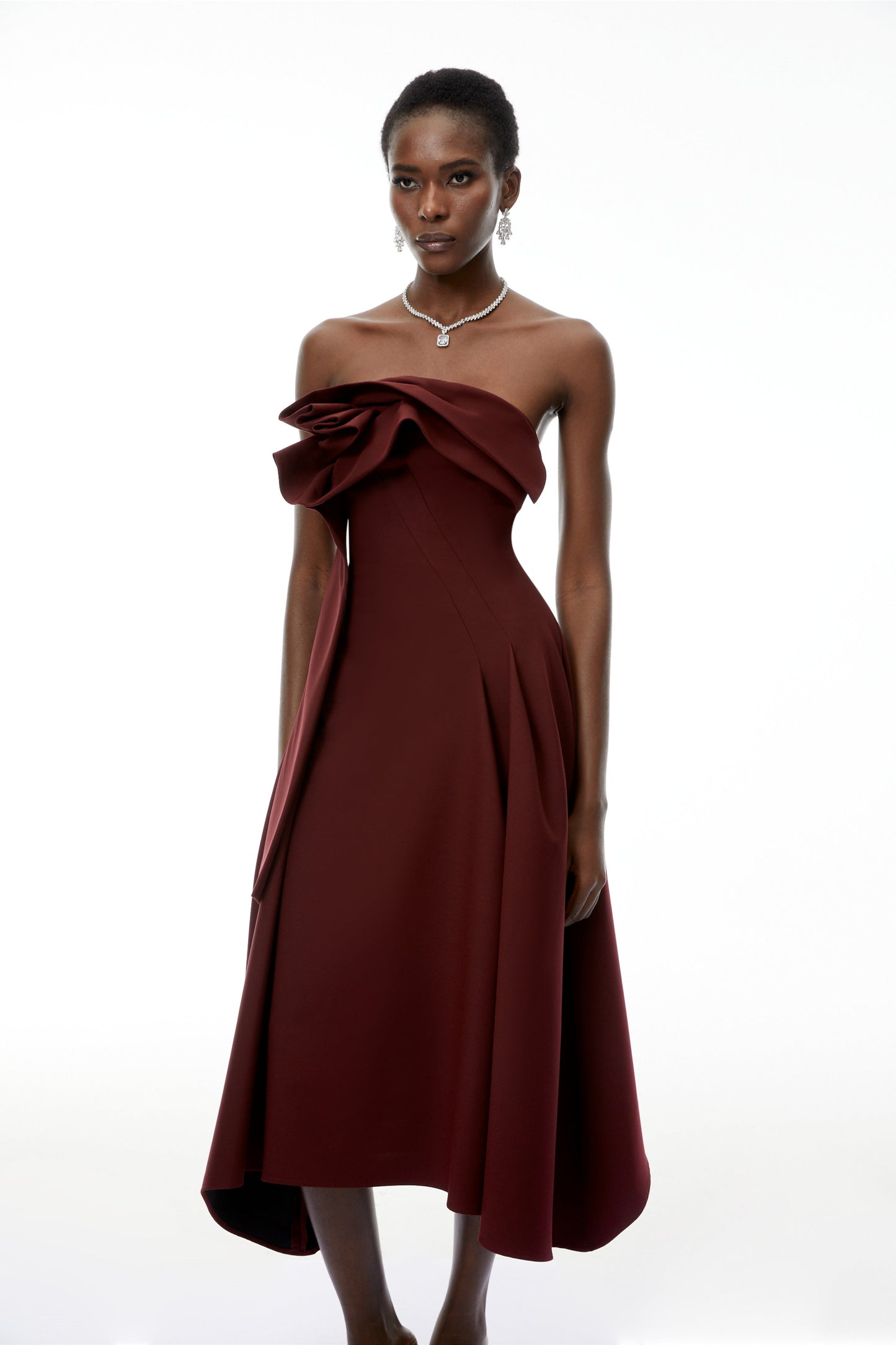 Annika Burgundy 3D Petal Ruched Midi Dress