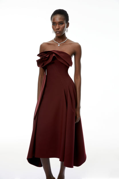 Annika Burgundy 3D Petal Ruched Midi Dress
