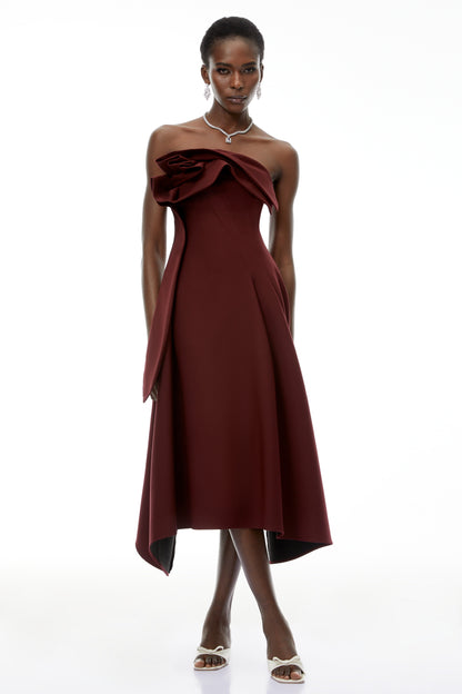 Annika Burgundy 3D Petal Ruched Midi Dress