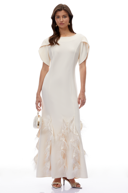 Annika White Ruffled Maxi Dress with Feather Trim