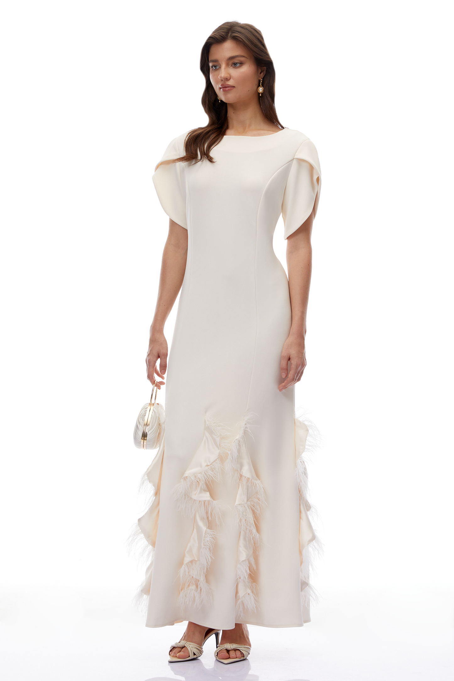 Annika White Ruffled Maxi Dress with Feather Trim