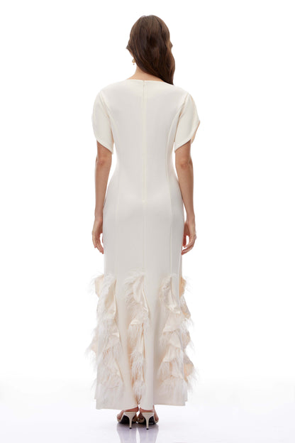 Annika White Ruffled Maxi Dress with Feather Trim