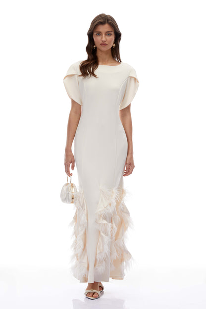 Annika White Ruffled Maxi Dress with Feather Trim