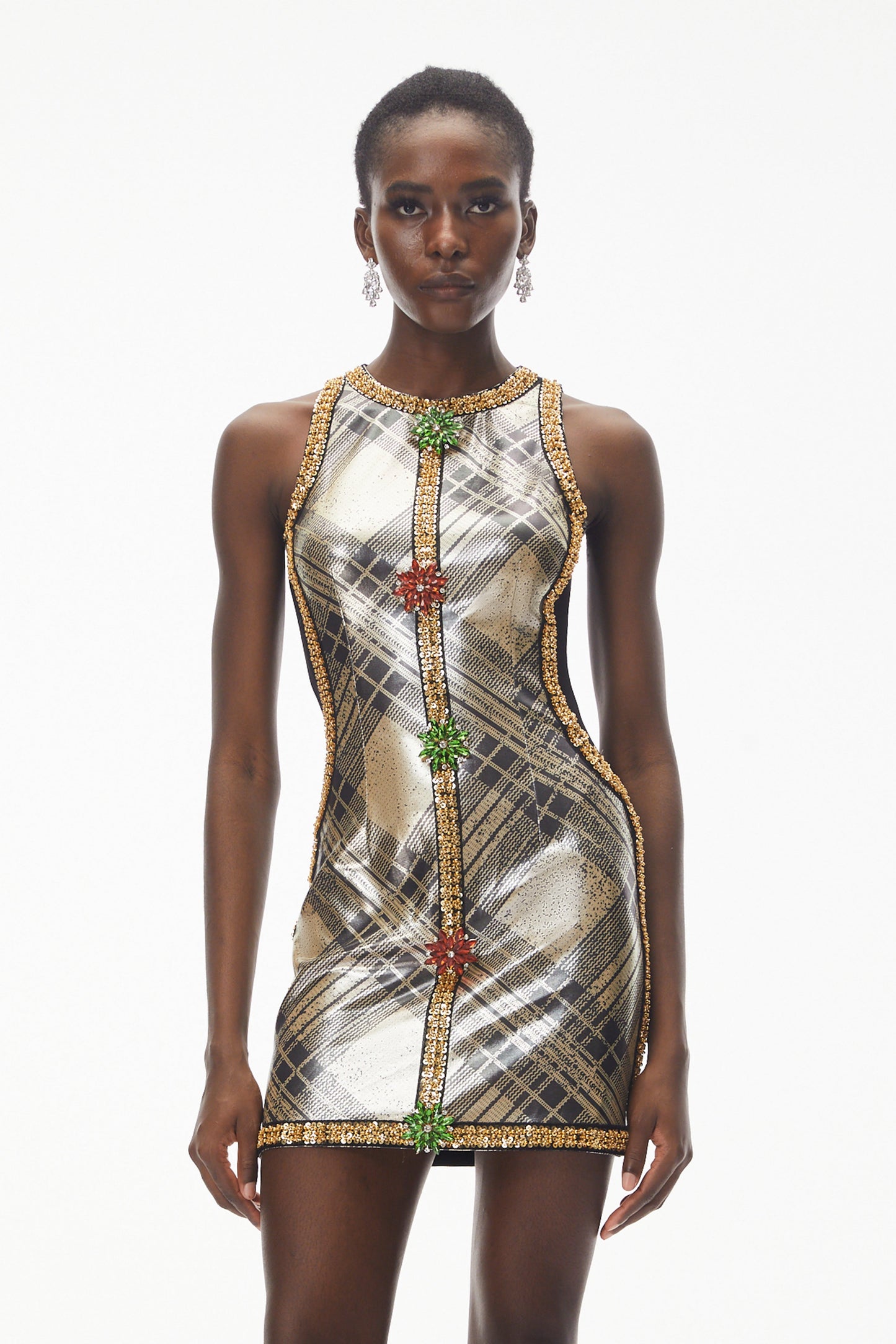 Anthea Gold Metallic Check Off Shoulder Mini Dress