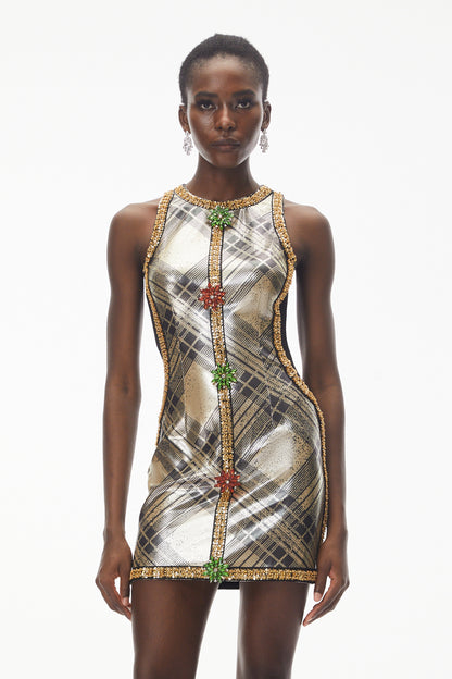 Anthea Gold Metallic Check Off Shoulder Mini Dress