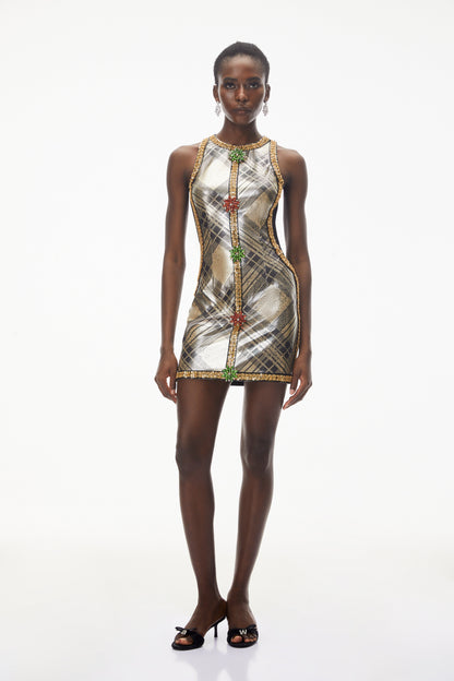 Anthea Gold Metallic Check Off Shoulder Mini Dress