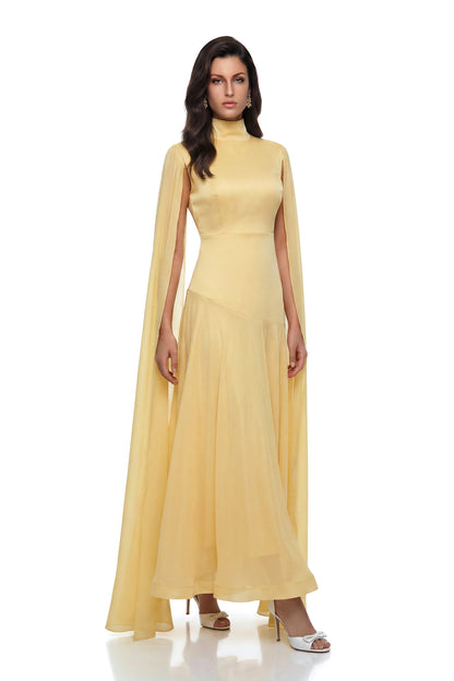 Antiope Yellow Mock Neck Cape Maxi Dress