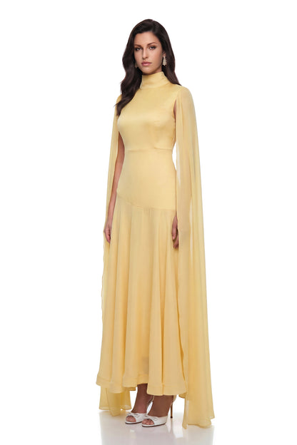 Antiope Yellow Mock Neck Cape Maxi Dress