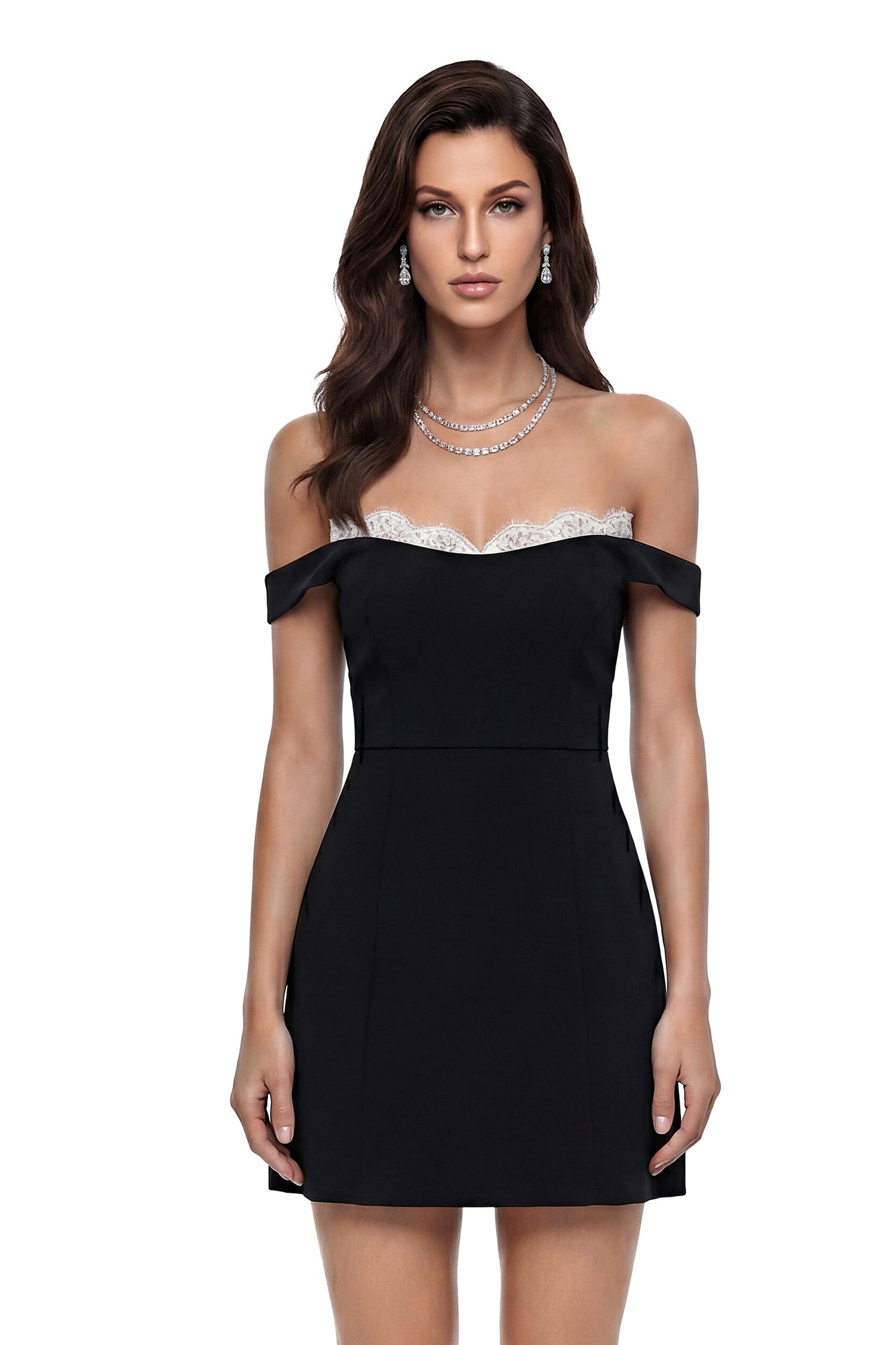 Antonia Off Shoulder Mini Dress with Lace Trim