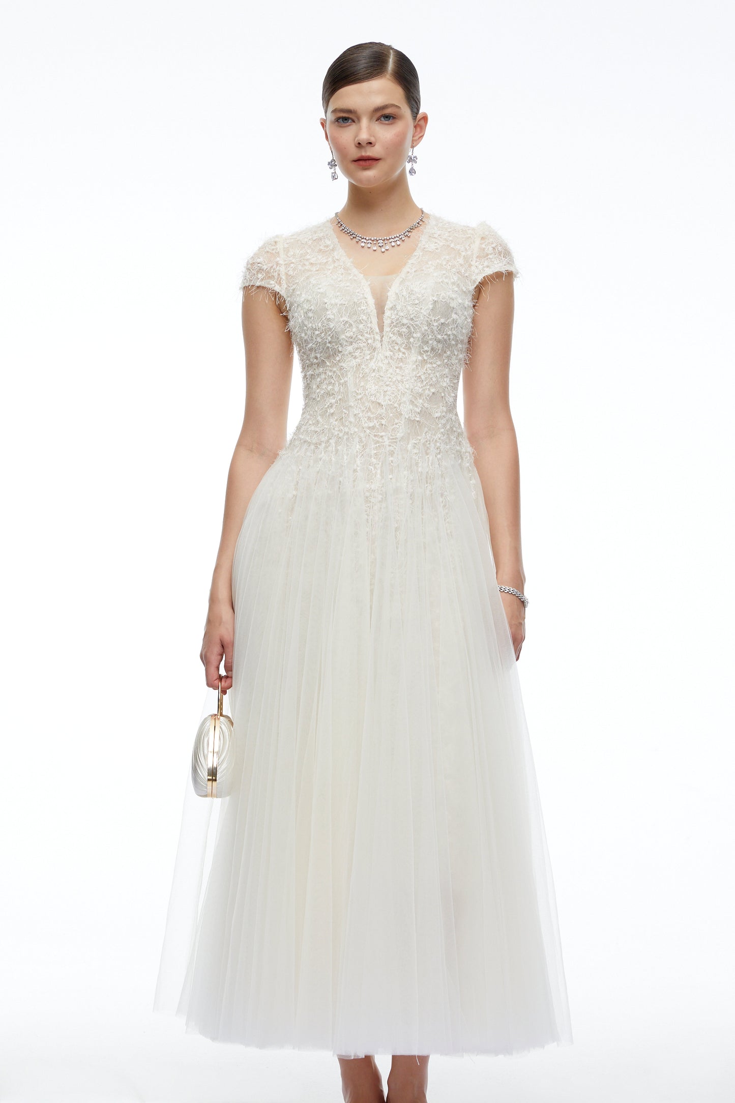 Antonia White Plunge Neck Midi Dress with Cap Sleeves