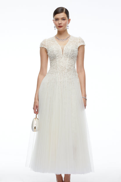 Antonia White Plunge Neck Midi Dress with Cap Sleeves