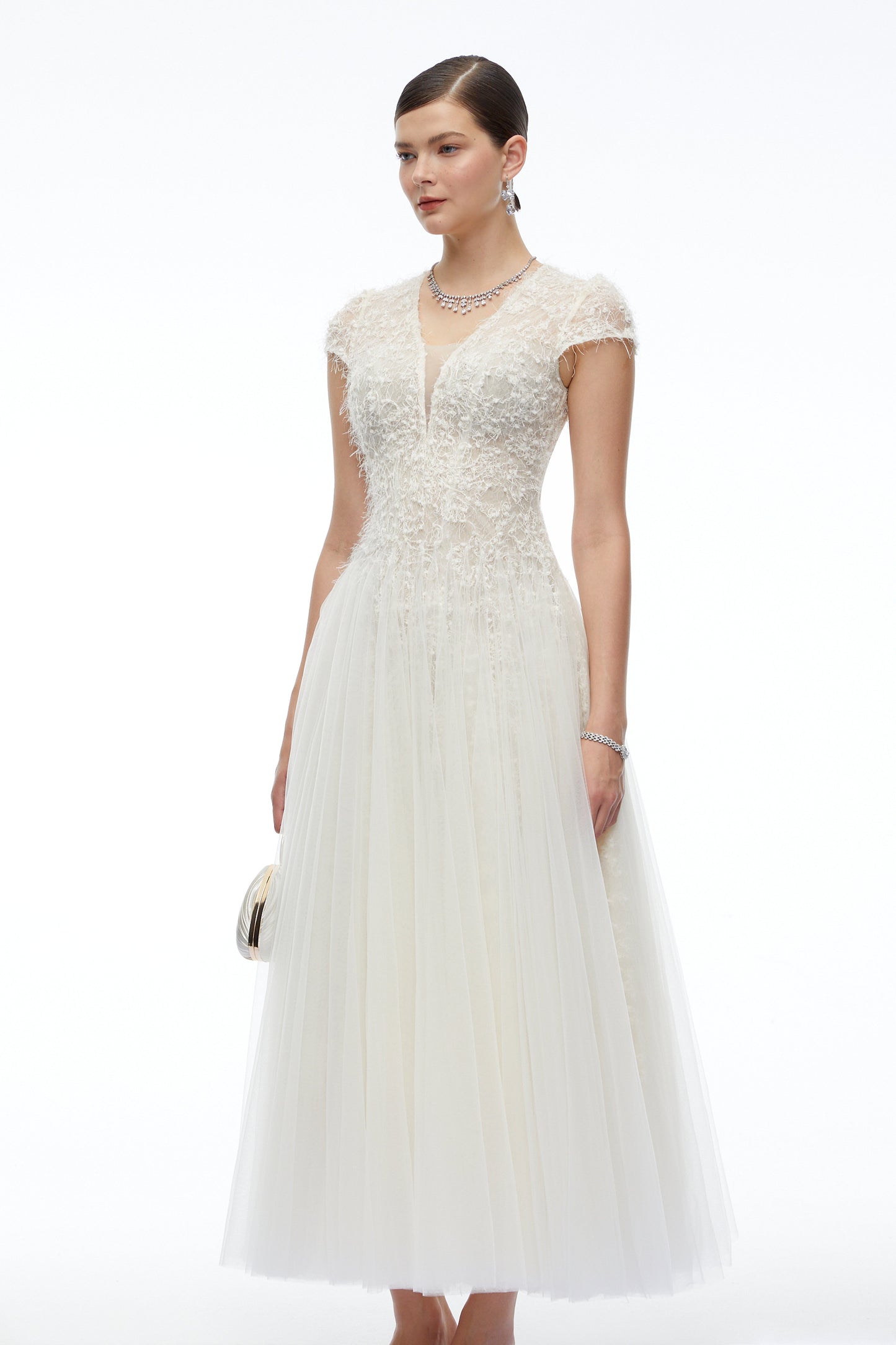 Antonia White Plunge Neck Midi Dress with Cap Sleeves