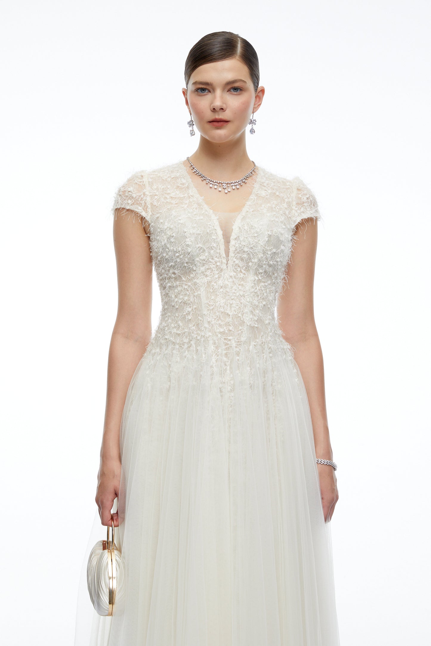 Antonia White Plunge Neck Midi Dress with Cap Sleeves