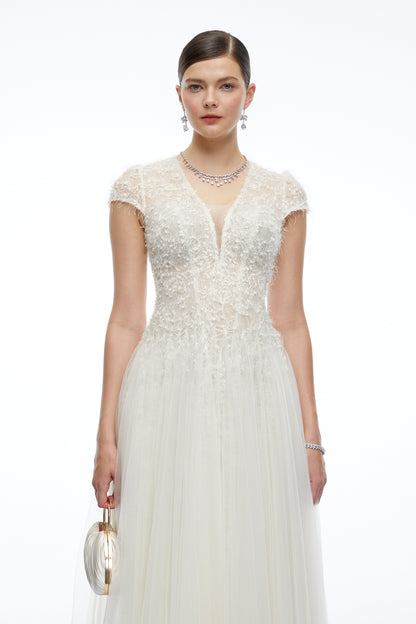 Antonia White Plunge Neck Midi Dress with Cap Sleeves