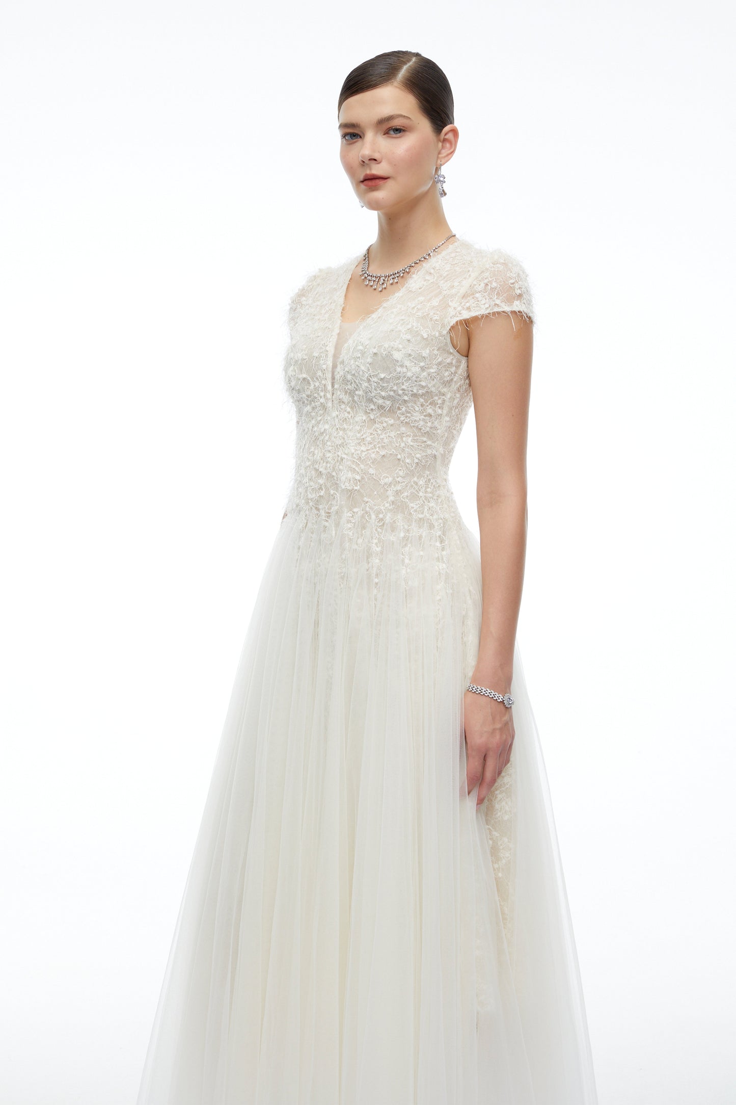 Antonia White Plunge Neck Midi Dress with Cap Sleeves