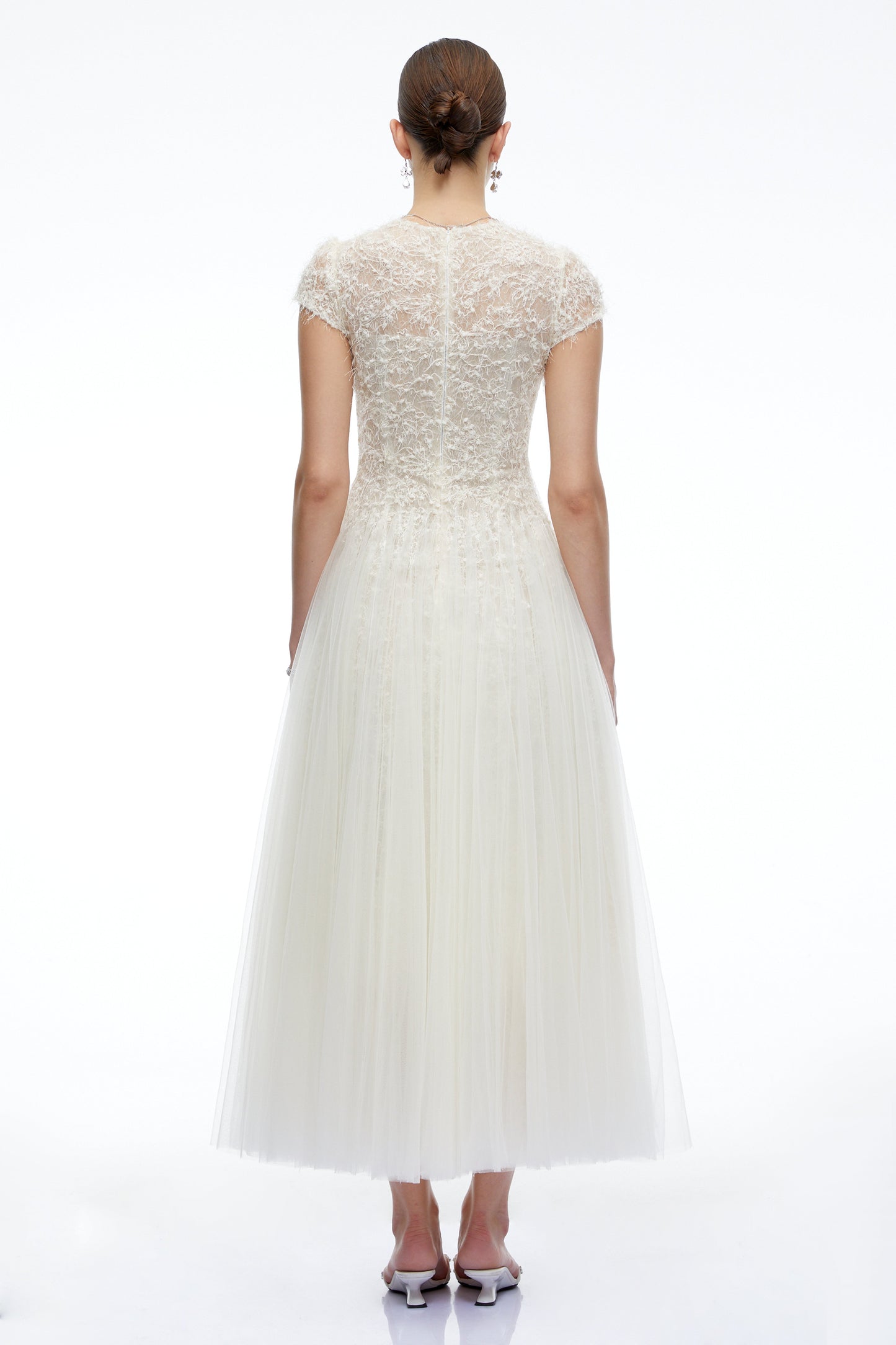 Antonia White Plunge Neck Midi Dress with Cap Sleeves