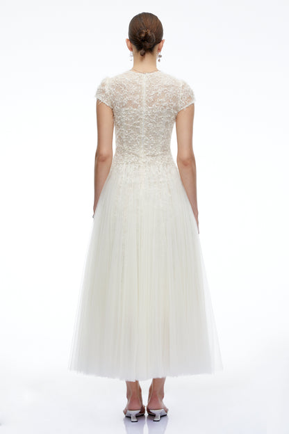 Antonia White Plunge Neck Midi Dress with Cap Sleeves