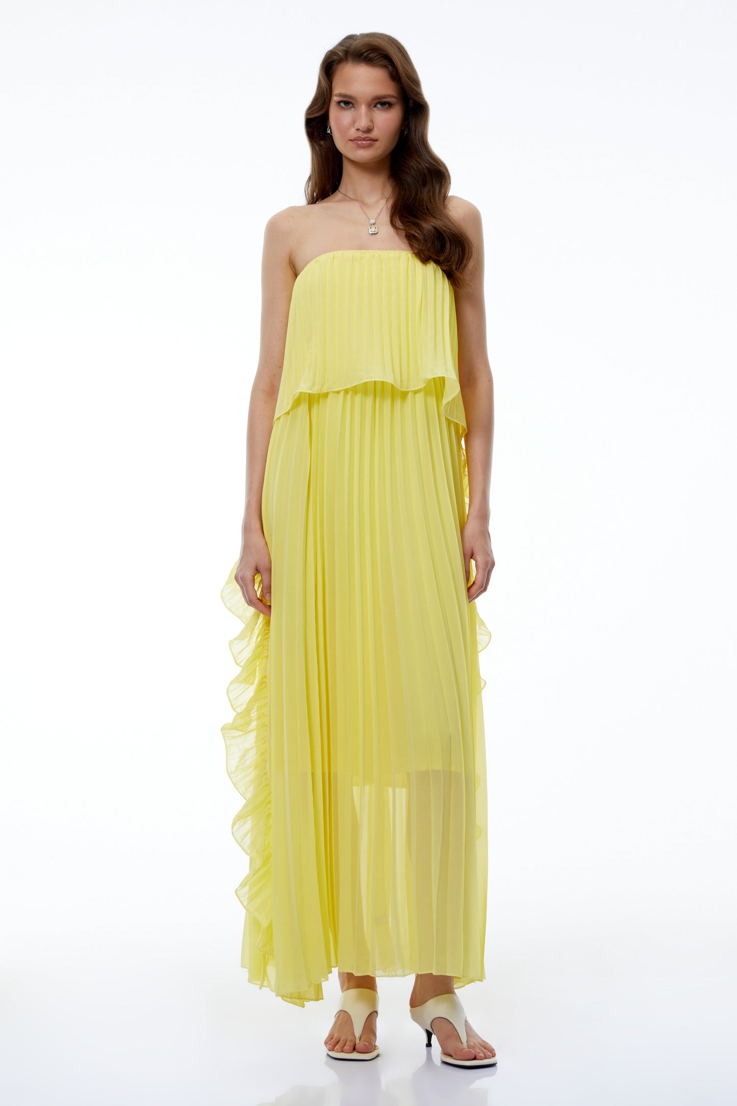 Aoi Yellow Off Shoulder Ruffled Pleated Maxi Dress