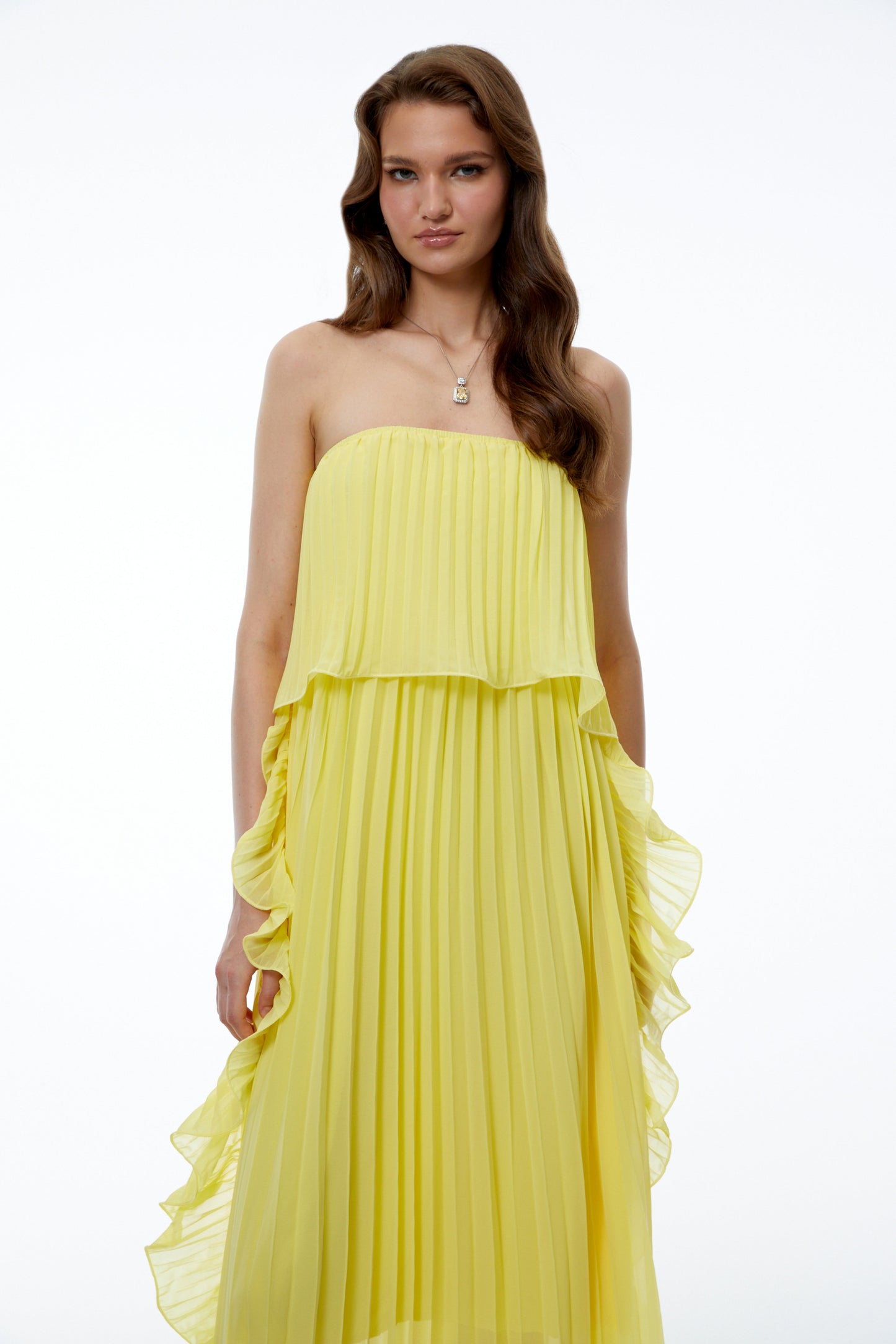 Aoi Yellow Off Shoulder Ruffled Pleated Maxi Dress