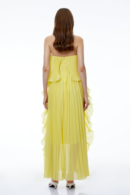 Aoi Yellow Off Shoulder Ruffled Pleated Maxi Dress
