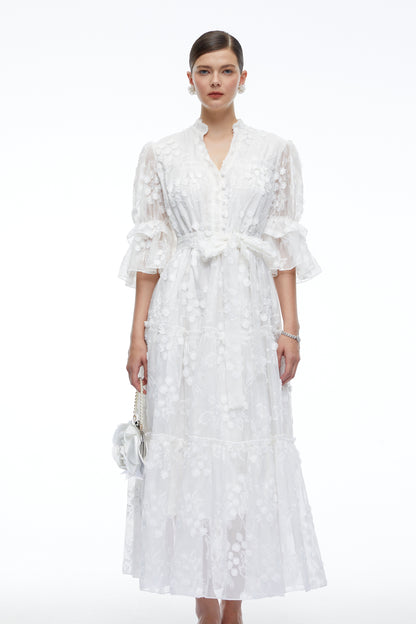 Apolline White V-Neck Lace Maxi Dress