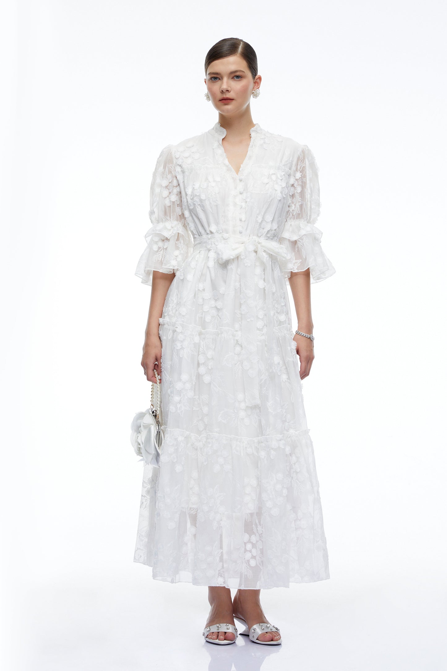 Apolline White V-Neck Lace Maxi Dress