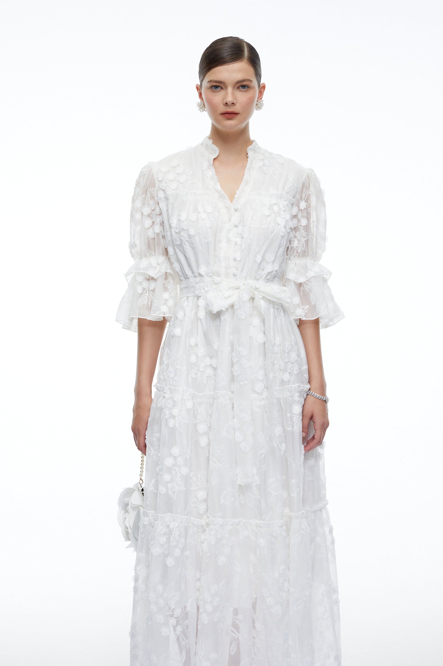 Apolline White V-Neck Lace Maxi Dress