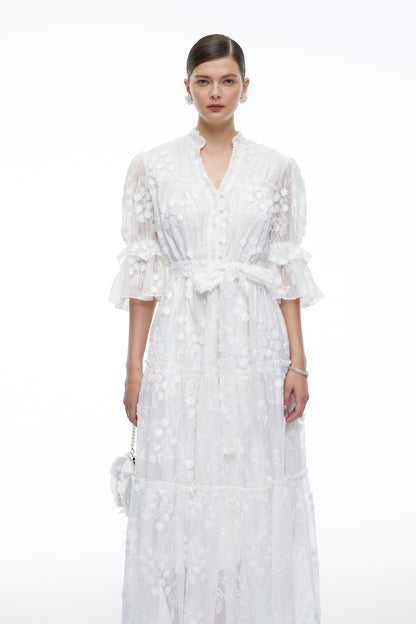 Apolline White V-Neck Lace Maxi Dress