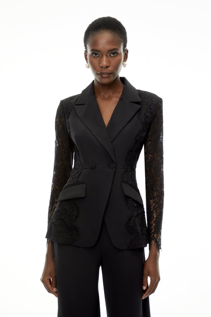 Arabella Black Long Sleeve Lace Blazer & Trouser Set