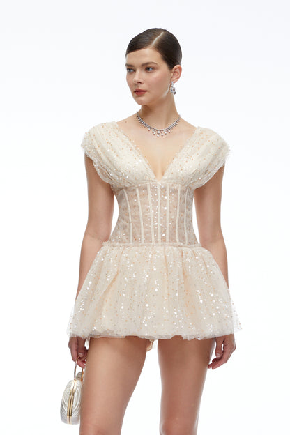 Arabella Neutral Sequin Mini Dress with Flutter Sleeves